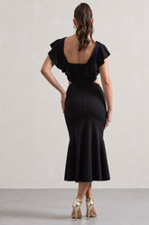 Black Square-Neck Cut-Out Ruffled Midi Dress